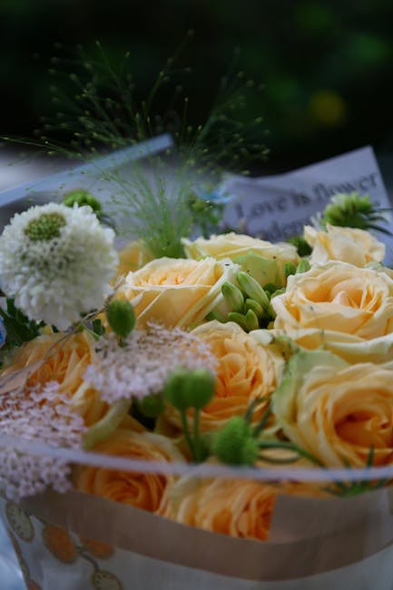 A close-up of a floral gift arrangement featuring cream-coloured roses with gently ruffled petals and soft green buds, mixed with white pom-pom chrysanthemums and delicate green foliage. The flowers a