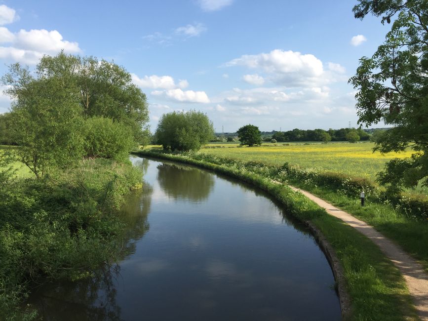 A serene view of the Grand Union Canal in Berkhamsted, featuring calm, reflective water flanked by lush green trees and shrubs on both sides. A narrow, paved footpath runs alongside the canal on the r