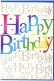 The image shows a jubilant birthday card that feels ready to join a bouquet on its way to a doorstep in Berkhamsted, radiating colour and festive charm. The main focus is the phrase Happy Birthday, set in large, bold letters that stretch generously across the card, each one washed in a seamless gradient of rainbow hues: from deep cherry and raspberry reds through tangerine and coral, into rosy pinks, then cooling into sapphire, teal, garden green, and a bright, optimistic yellow. The letters have a smooth, polished look, as if freshly painted, with rounded lines that give the typography a friendly, approachable character. Behind this vivid declaration, the background is filled with a repeating line of elegant cursive text in shimmering gold, quietly echoing Happy Birthday to you. The script twines gracefully across the surface, creating a sophisticated pattern that glows softly, like candlelight reflected on glass. Delicate specks of colour and tiny, scattered stars hover around the lettering, reminiscent of confetti tossed after a toast in a family dining room overlooking Berkhamsted's leafy streets. The card's finish appears silky and refined, inviting the fingertips to glide over the slightly raised or glossy print. Although the design is undeniably bright and fun, there is also a certain refinement in the balance between bold rainbow letters and the restrained golden backdrop. It conveys not only celebration, but care and intention, as though chosen thoughtfully to accompany a hand-delivered bouquet from a trusted local florist, turning an ordinary birthday into a moment that feels truly seen and cherished.