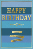 This stylish birthday card presents a harmonious blend of cool blue tones and warm golden highlights, creating a mood of gentle festivity rather than loud fanfare. Broad horizontal stripes in layered blues sweep across the surface, starting with a strong navy band at the top and gradually shifting through mid-blue and teal hues into lighter, more relaxed shades towards the bottom. The colour progression brings to mind the shifting sky above Berkhamsted as clouds drift and light changes over the town. In the centre, standing proudly against this calm backdrop, the words HAPPY BIRTHDAY appear in bold, embossed gold lettering, each letter catching and reflecting the light with a soft, metallic glimmer. Just beneath, a decorative golden flourish extends across the card, its looping lines adding a refined, almost calligraphic touch. Below this flourish, three golden banners sit neatly in a row, each one carrying part of a warm birthday sentiment: Relax, have a great day and enjoy! The banners are slim but clearly defined, their edges crisp and reflective, echoing the polished lines of the central text. A narrow gold border encloses the entire design, giving the card a sense of completeness, like a beautifully framed picture. The card stock appears smooth and substantial, suggesting a pleasant weight when held. You might imagine this card propped beside a vase of fresh birthday flowers on a kitchen table off Berkhamsted High Street, the blue and gold tones picking up the colours of surrounding decorations. Together, card and flowers would create a quiet, heartfelt corner of celebration, perfect for someone who values elegance, calm, and genuinely kind wishes on their special day.